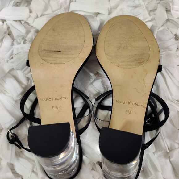 Marc Fisher Shoes Womens Size 9 Black Strappy Sandals Clear Lucite Block Heel - Picture 9 of 11